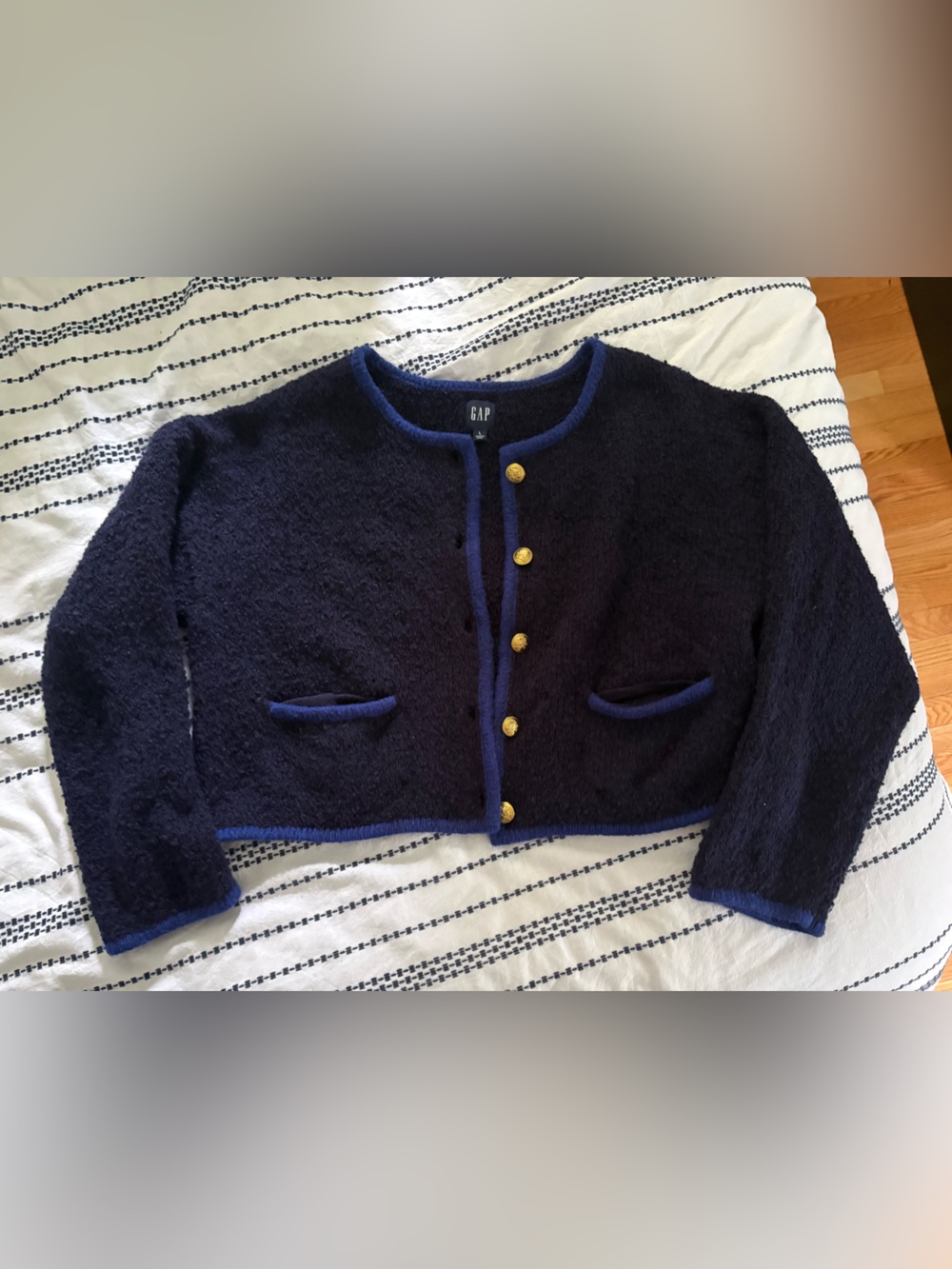 GAP Women’s Navy Cropped Cardigan Jacket with Blue Trim